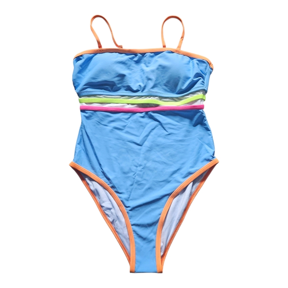 LIVE LIFE ON THE BEACH One Piece Blue With Neon Trim Swimsuit Size S